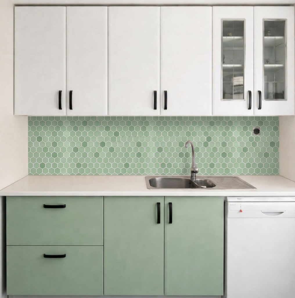 Azulejos adhesivos para cocina: 5 transformaciones reales para inspirarte 11 Azulejos adhesivos para cocina: Modelo Hexagonal Verde Salvia