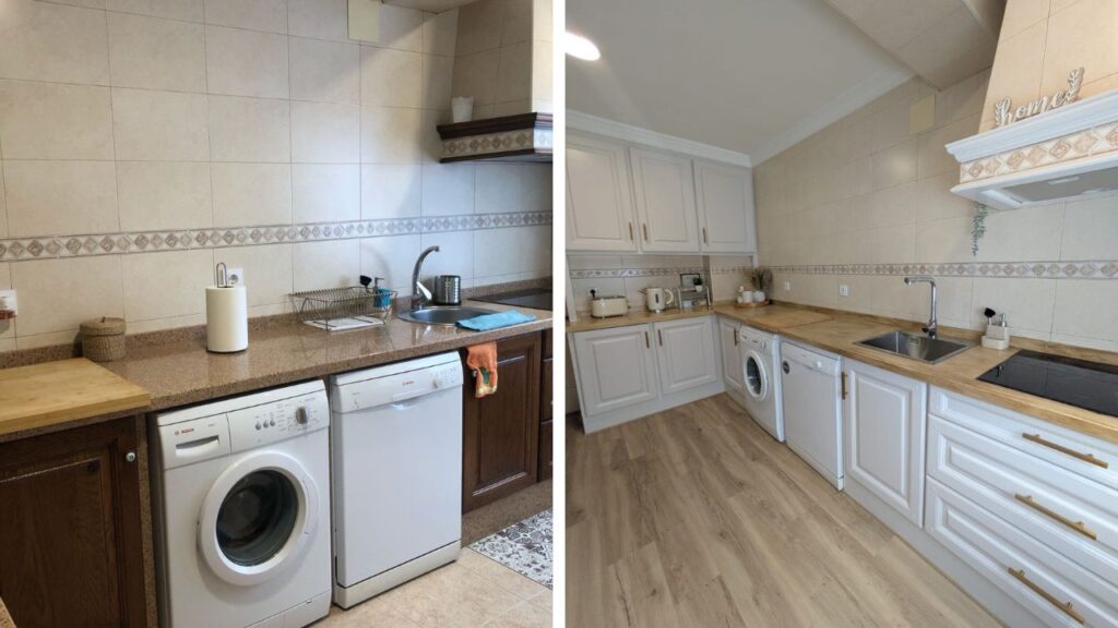 Cocina con encimera granito en efecto madera