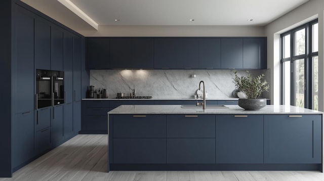 Cocina combinando azul intenso y gris claro